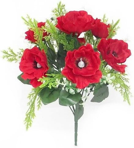 Artificial Silk Anemone & Foliage Flower Bush Red