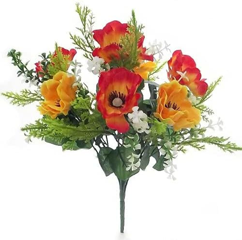 Artificial Silk Anemone & Foliage Flower Bush Orange
