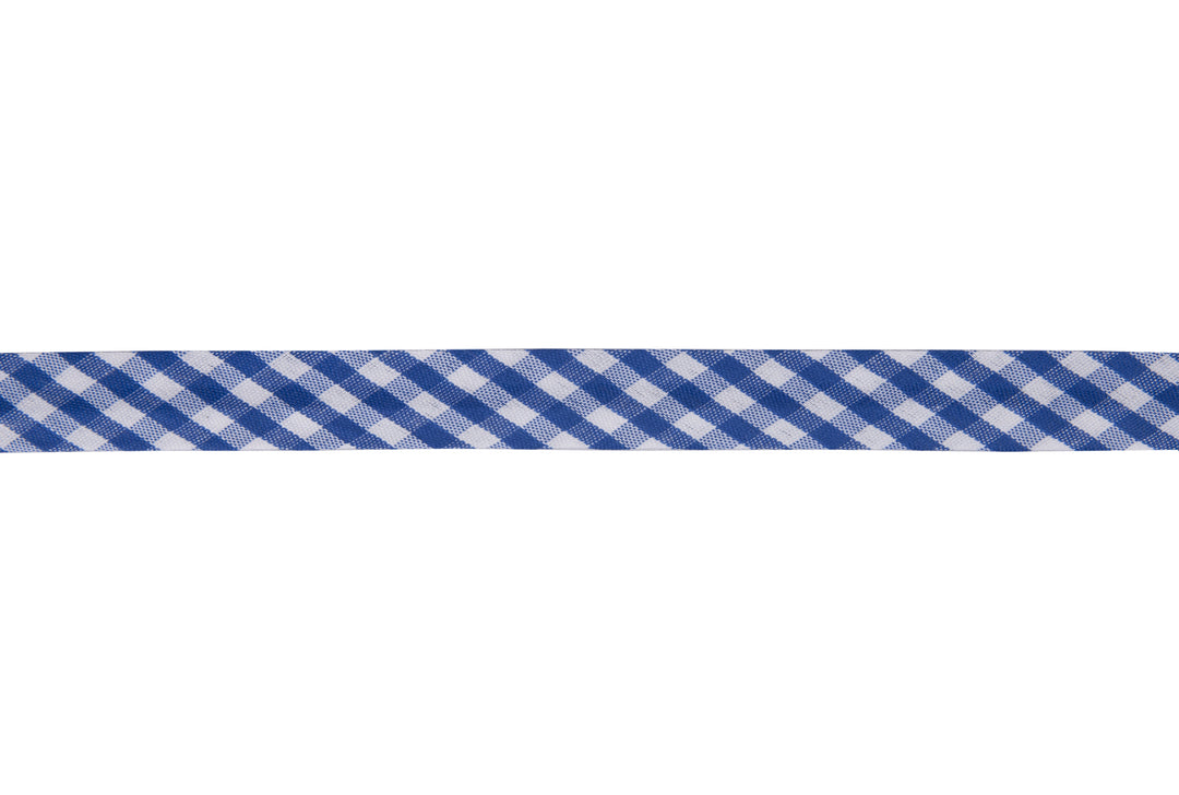 Trim: Bias Binding: Polycotton: Gingham: 15mm: Blue Sold By The Metre