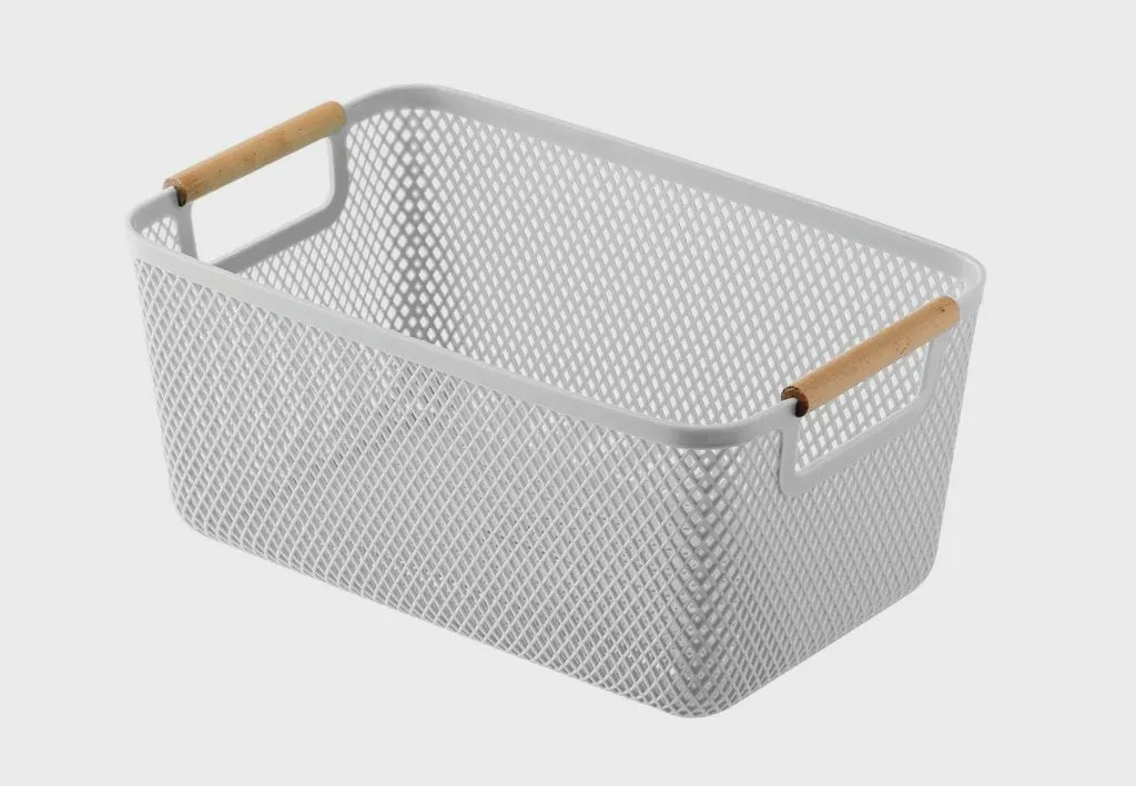 Plastic Storage Basket Wooden Handle Medium - Grey