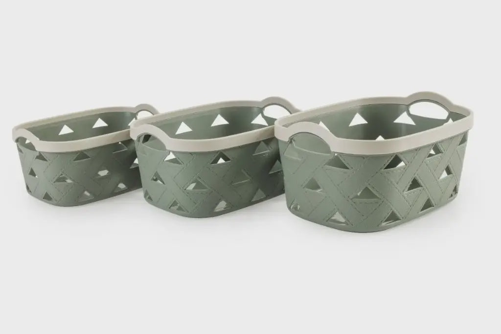Weave Design Set 3 Plastic Storage Baskets - Green