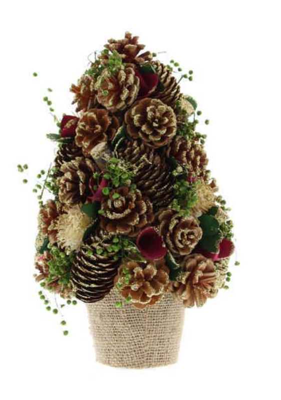 26cm Tabletop Tree With Gold Pinecones/Red Flowers