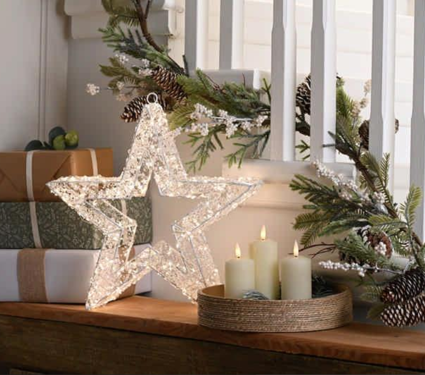 38cm Lit Clear Bead Star - Warm White Led
