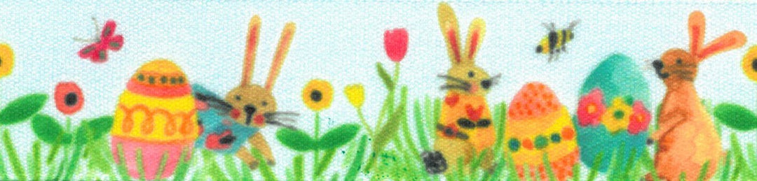 Ribbon: Bunny Love: 25m x 25mm: Blue and Multi Sold By The Metre