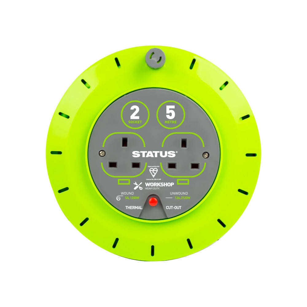 Status 2 Way 5m 13A Extension Lead on Green Cassette Reel with Thermal Cut Out