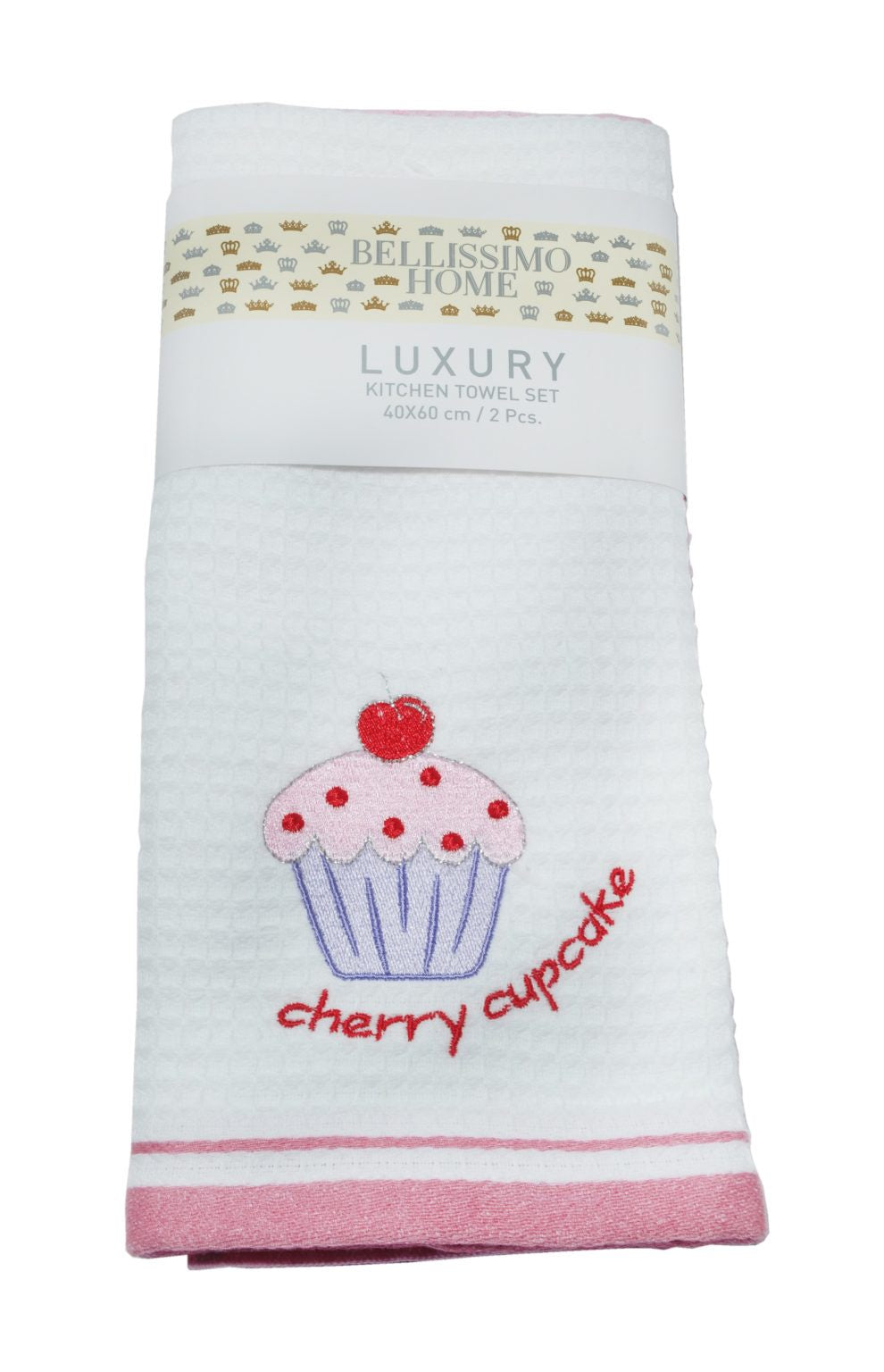 Bellissimo Pack of 2 Luxury Terry/Waffle Embroidered Tea Towels Cupcake
