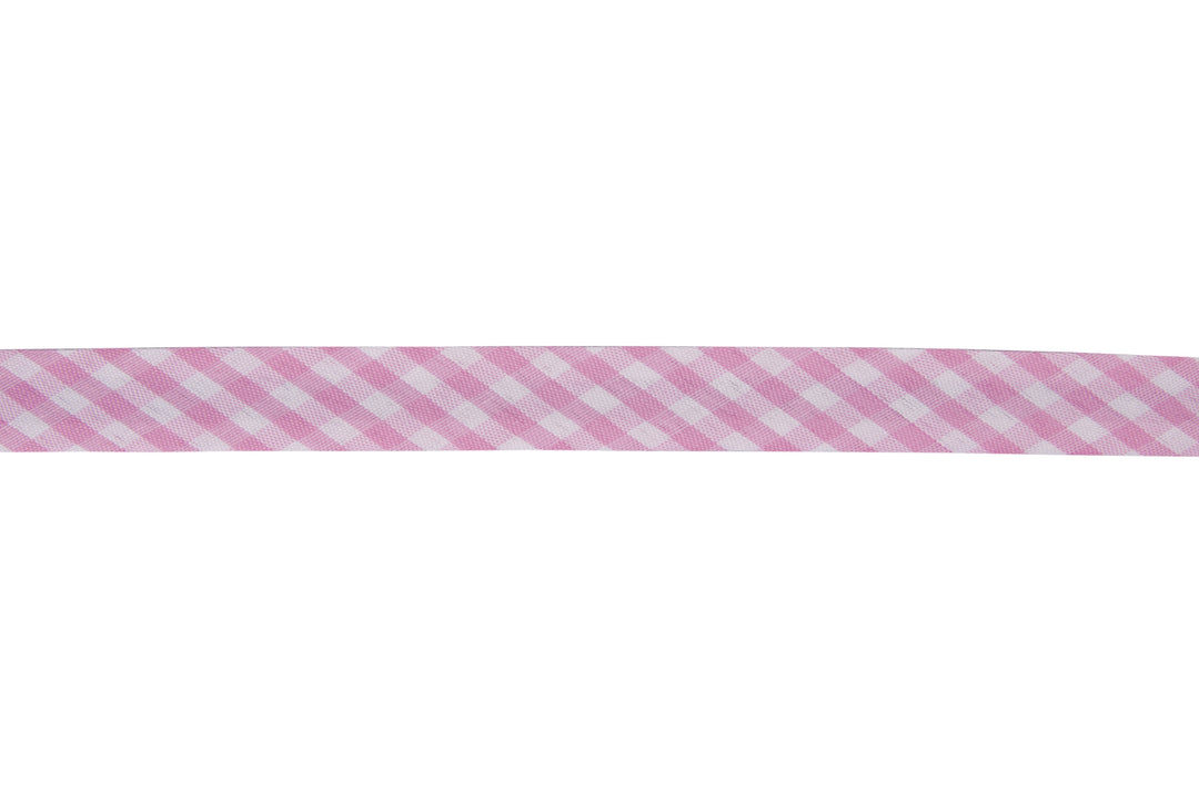 Trim: Bias Binding: Polycotton: Gingham: 15mm: Pink Sold By The Metre