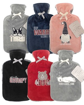 Hot Water Bottle with Plush Applique Sherpa reverse Cover - Assorted Designs