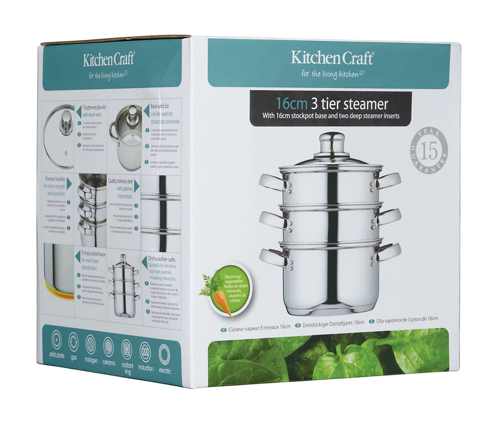 KitchenCraft Stainless Steel Three Tier Steamer, 16cm