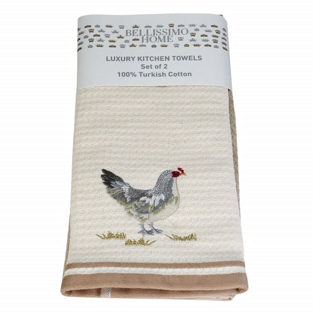 Bellissimo Pack of 2 Luxury Terry/Waffle Embroidered Tea Towels Rooster