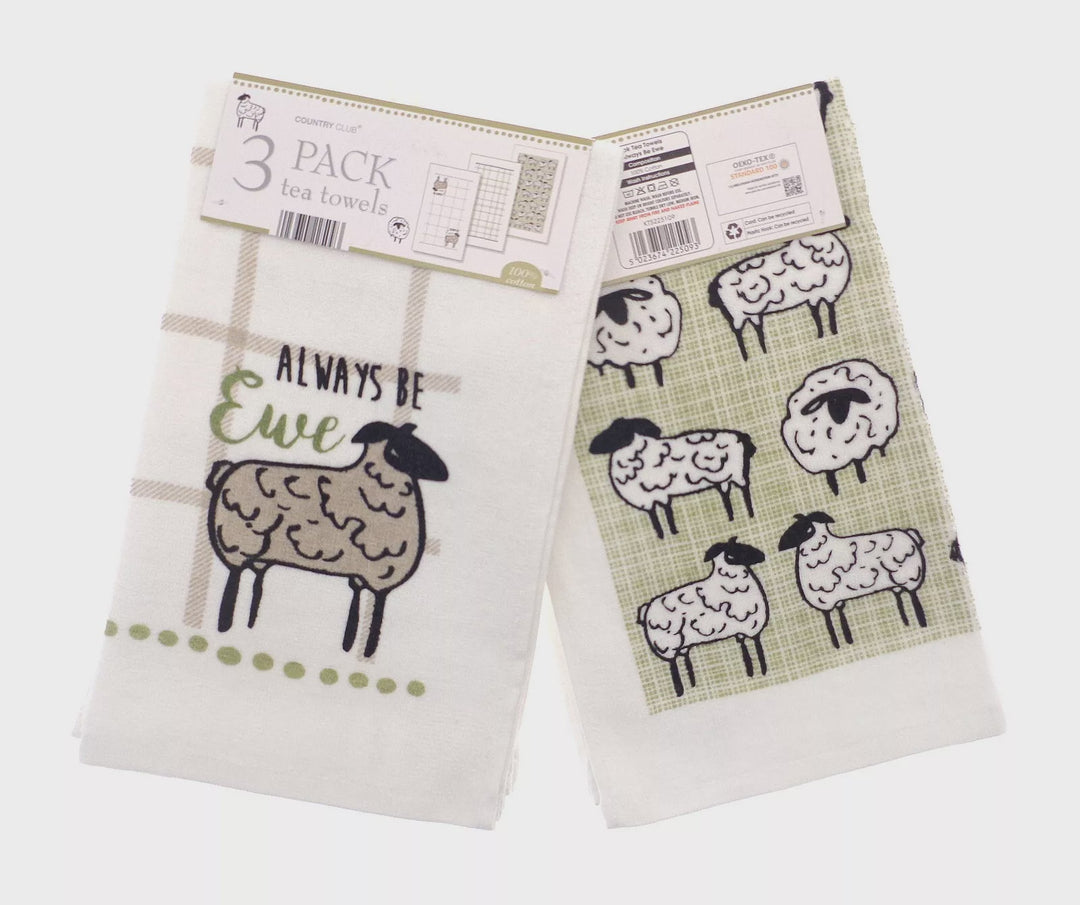 Pack of 3 Always Be Ewe Design 100% Cotton Tea Towels