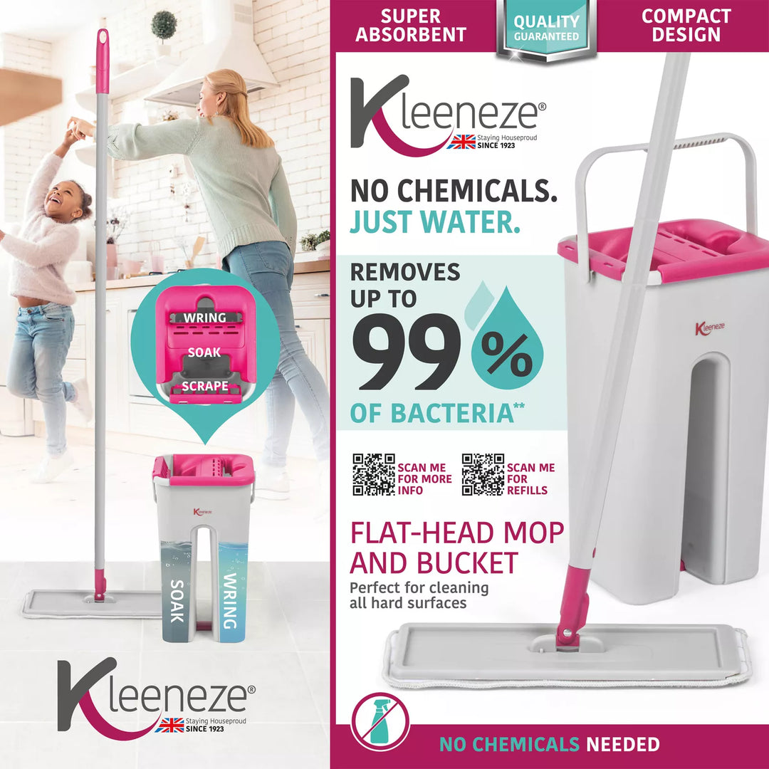 Kleeneze Flat Mop & Bucket Set Microfibre Absorbent Slimline Head Compact Design