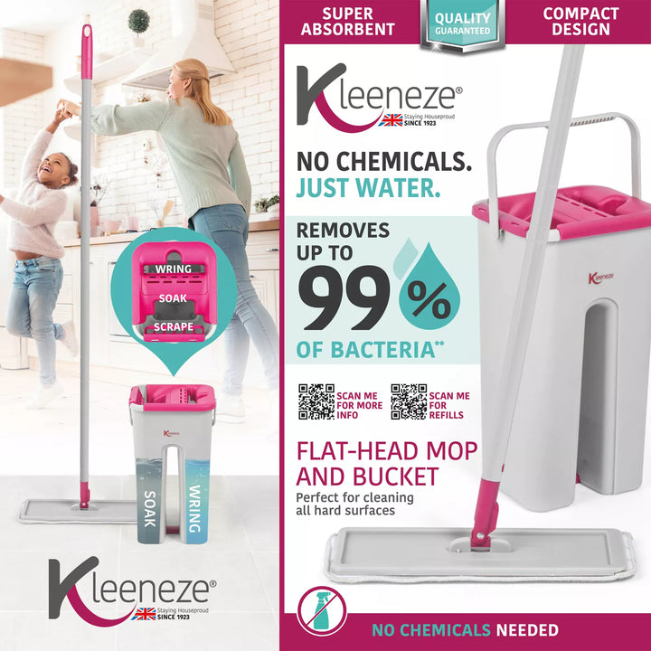 Kleeneze Flat Mop & Bucket Set Microfibre Absorbent Slimline Head Compact Design