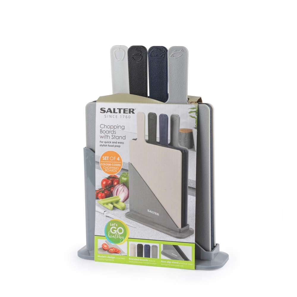 Salter Set of 4 Rectangular Chopping Boards with Non-Slip Index Style Stand 19 x 23 cm