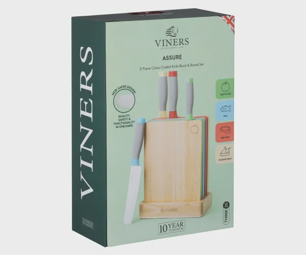 VINERS 8PC COLOUR CODED KNIFE & CHOPPING BOARD SET