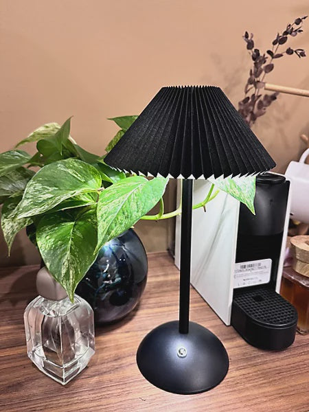 1.6W Rechargeable LED Table Lamp, Pleated Lamp Shade, 3 Colour Changing Dimmable, Black