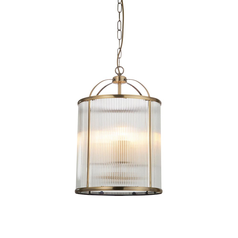 Lambeth ribbed glass 4 light pendant in antique brass