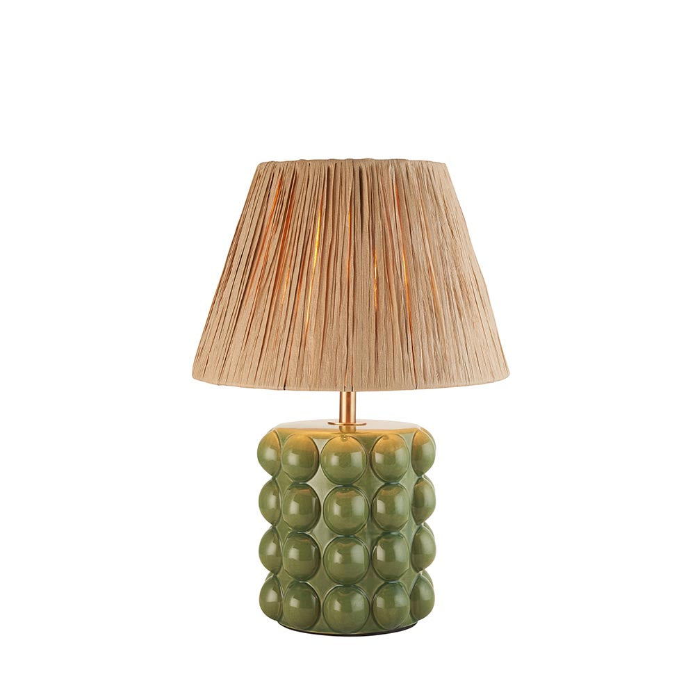 Bobble olive green ceramic table lamp with raffia shade