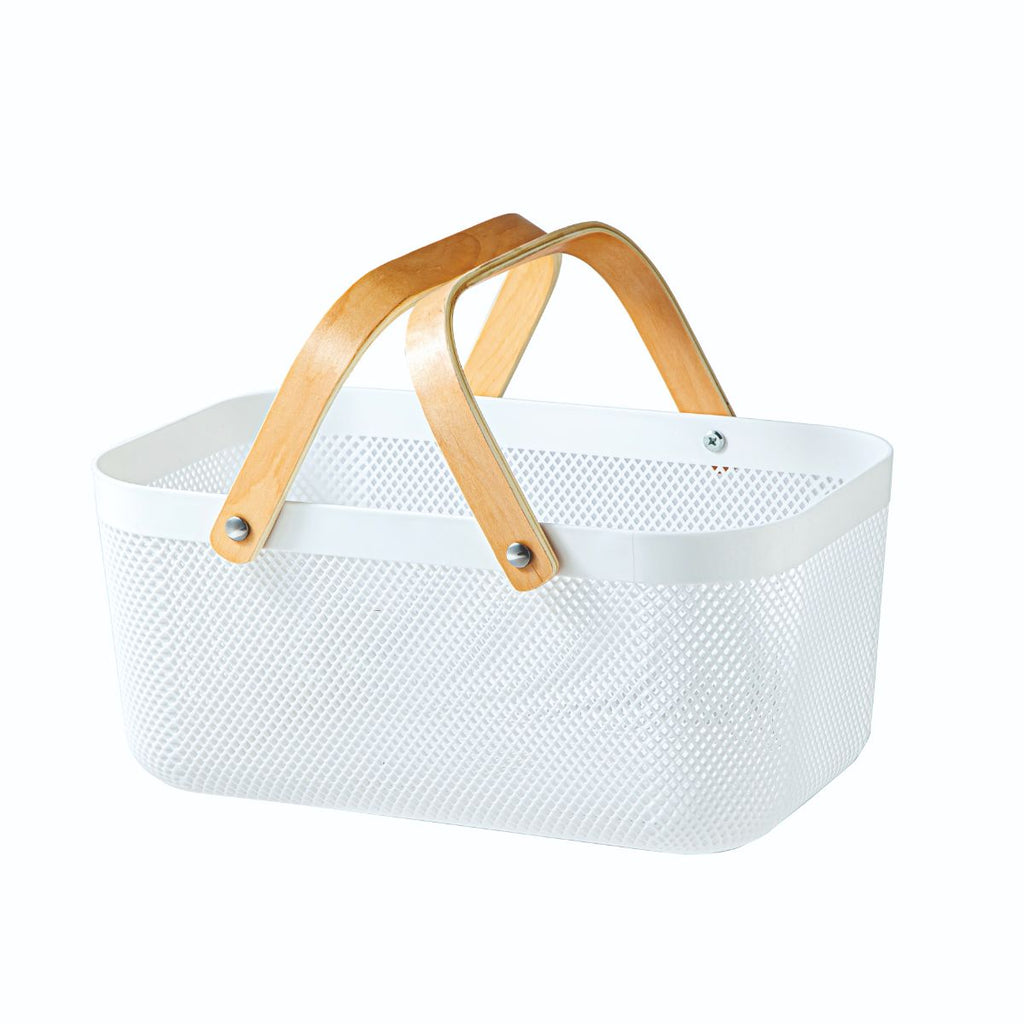 Plastic Basket with Wooden Handle Large White