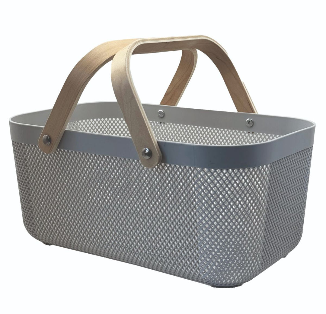 Plastic Basket with Wooden Handle Large Grey