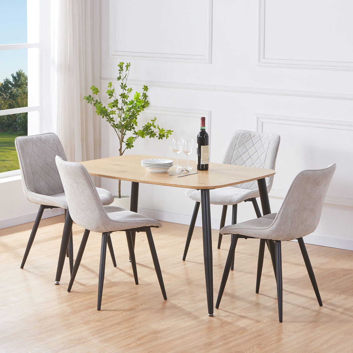 Aspen Light Oak Rectangular Table & 4 Diamond Stitch Light Grey Cord Fabric Chairs