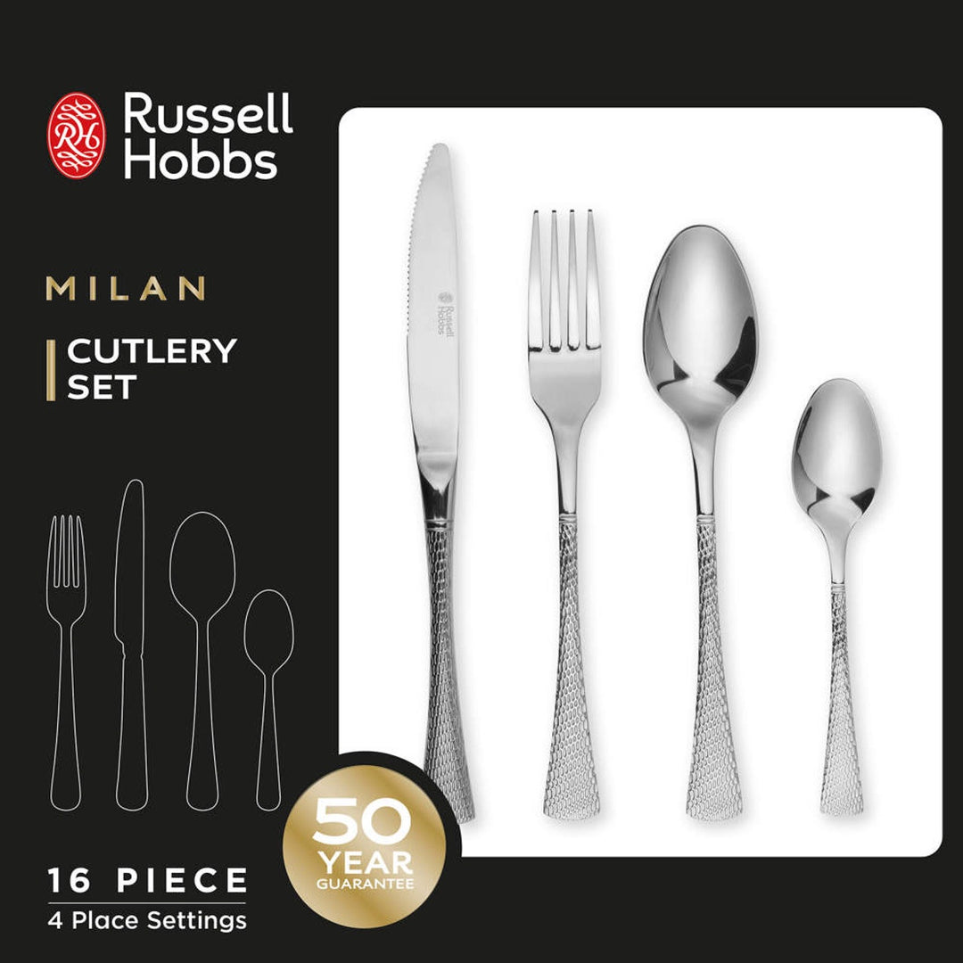 Russell Hobbs Cutlery Set Stainless Steel 16 Piece Tableware Silver Milan Range