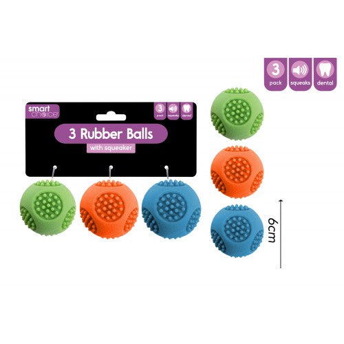 Three squeaky rubber dog balls in blue, green and orange