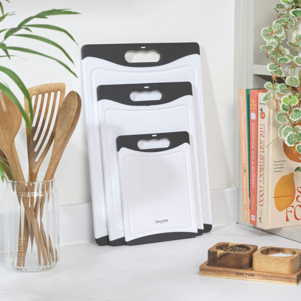 Salter 3-Piece Plastic Chopping Board Set – Black/White