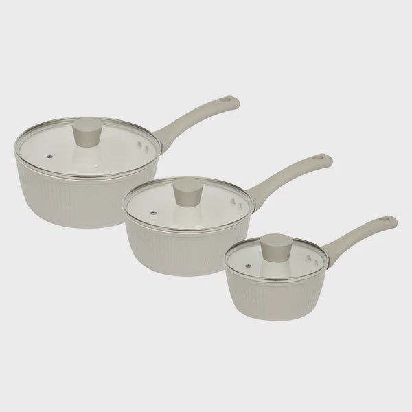 3 Piece Ribbed Saucepan Set (16cm, 18cm, 20cm) in Putty