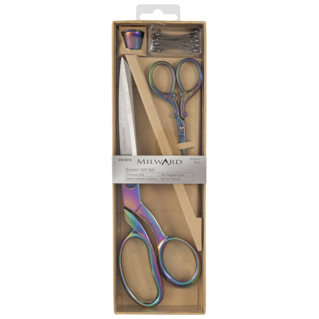 Milward Scissors: Gift Set: Dressmaker's (21.5cm) and Embroidery (9.5cm) Thimble & Pins: Rainbow