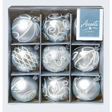 Premier 9 X 60mm Christmas Silver Decorated Bauble Balls