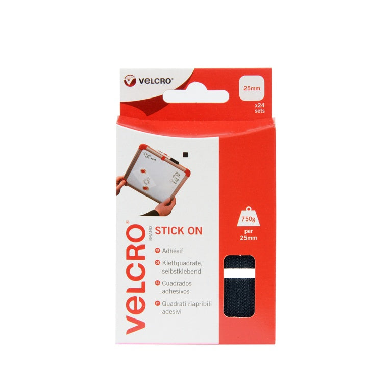 Hook & Loop Squares: Stick-On: 25mm: 24 Sets: Black