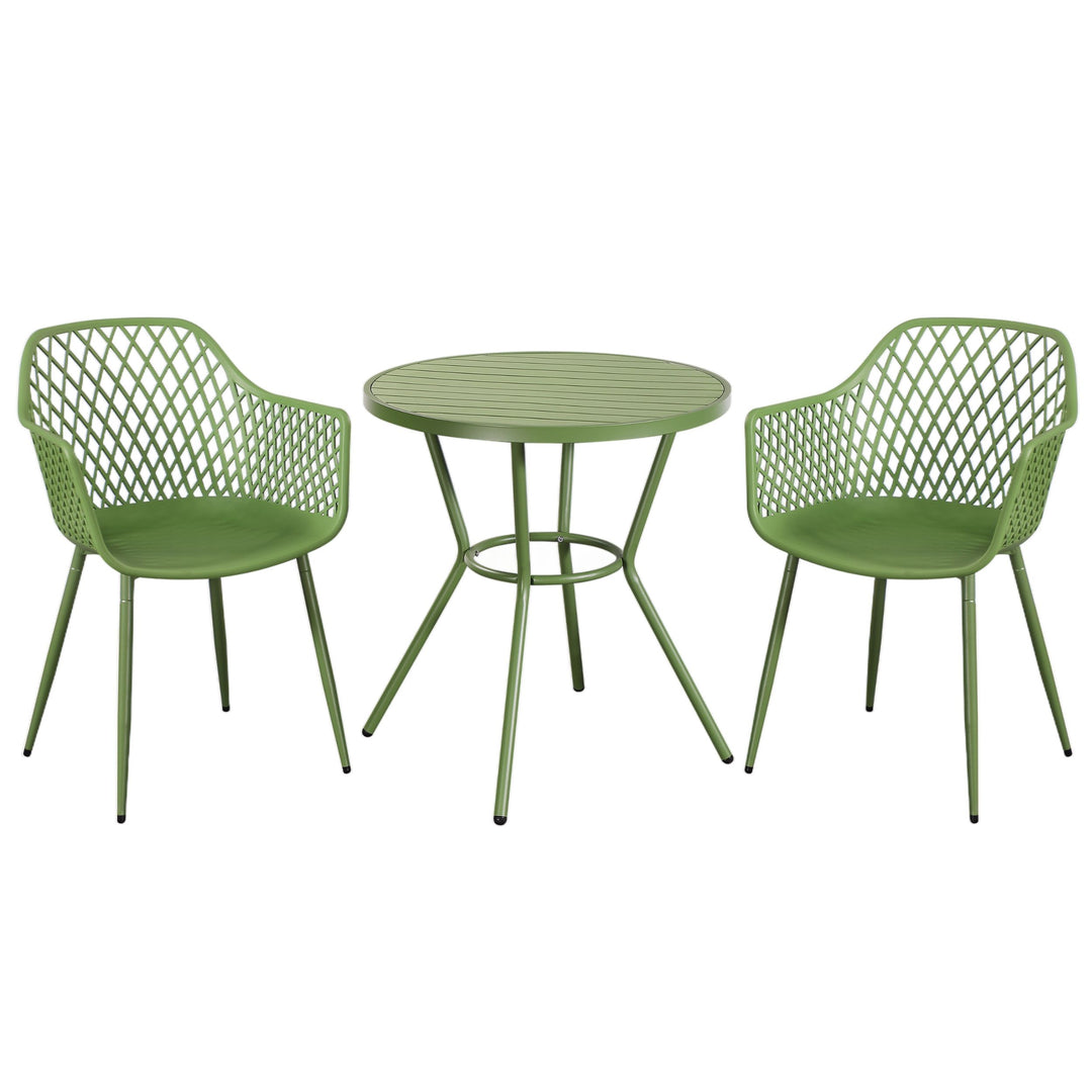 3 Piece Bistro Garden SET, Pair Of Lattice Armchairs & Round Plastic Table, Moss Green (Self Assembly) (DHD) Image 1