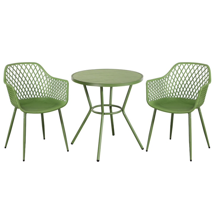 3 Piece Bistro Garden SET, Pair Of Lattice Armchairs & Round Plastic Table, Moss Green (Self Assembly) (DHD) Image 1