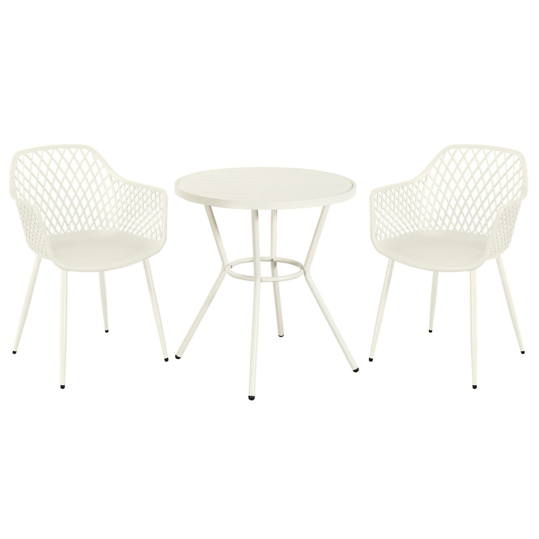3 Piece Bistro Garden SET, Pair Of Lattice Armchairs & Round Plastic Table, White (Self Assembly) (DHD) Image 1