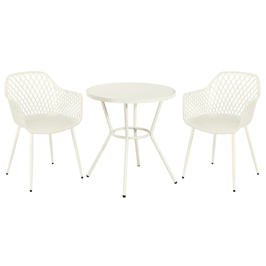 3 Piece Bistro Garden SET, Pair Of Lattice Armchairs & Round Plastic Table, White (Self Assembly) (DHD) Image 1