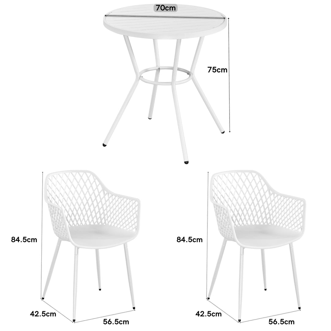 3 Piece Bistro Garden SET, Pair Of Lattice Armchairs & Round Plastic Table, White (Self Assembly) (DHD) Image 2