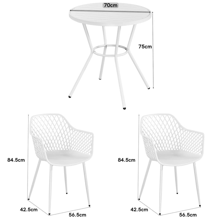 3 Piece Bistro Garden SET, Pair Of Lattice Armchairs & Round Plastic Table, White (Self Assembly) (DHD) Image 2