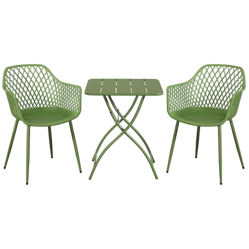 3 Piece Bistro Garden SET, Pair Of Lattice Armchairs & Square Metal Folding Table, Moss Green (Self Assembly) (DHD) Image 1