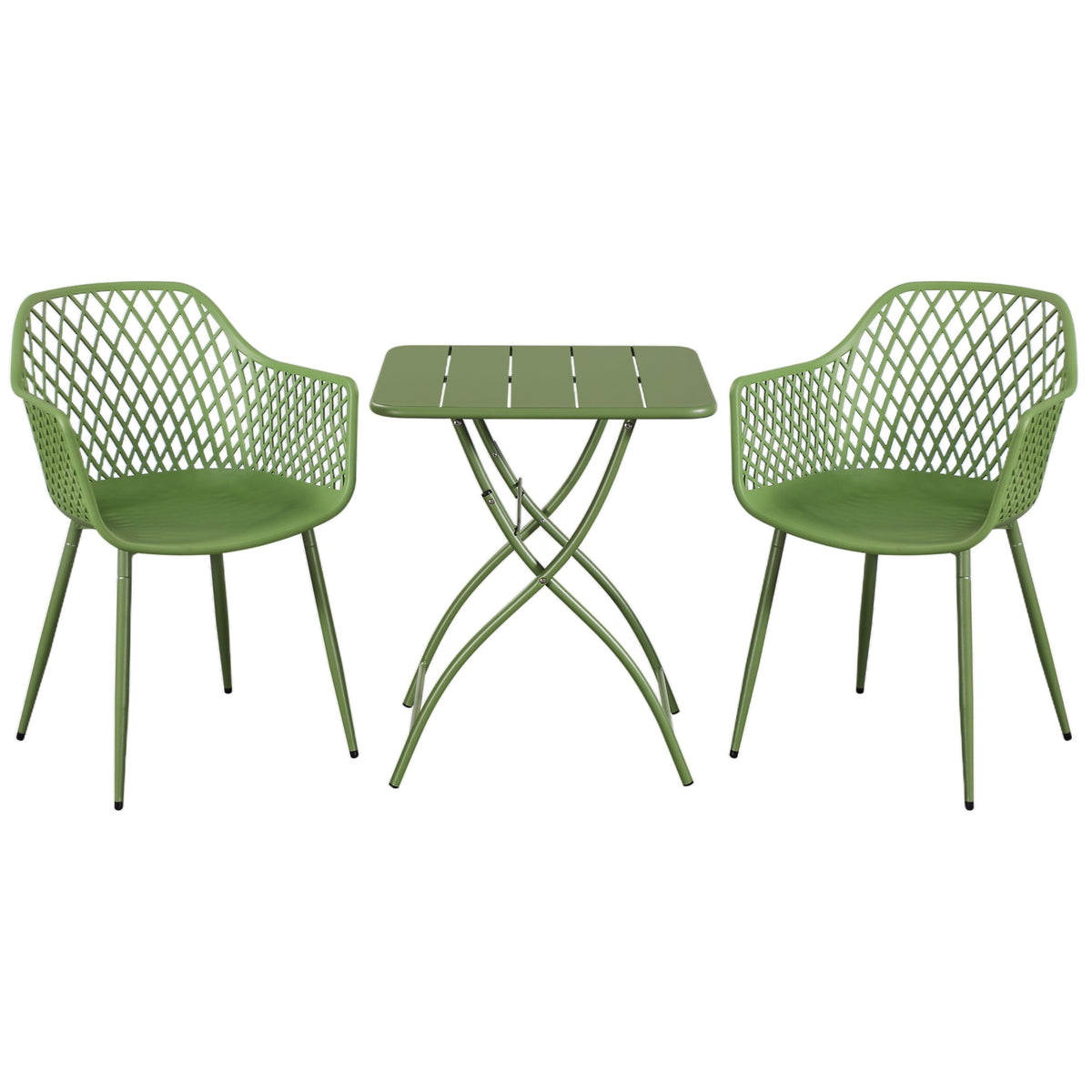 3 Piece Bistro Garden SET, Pair Of Lattice Armchairs & Square Metal Folding Table, Moss Green (Self Assembly) (DHD) Image 1