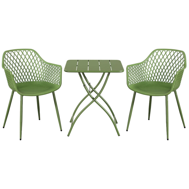 3 Piece Bistro Garden SET, Pair Of Lattice Armchairs & Square Metal Folding Table, Moss Green (Self Assembly) (DHD) Image 1