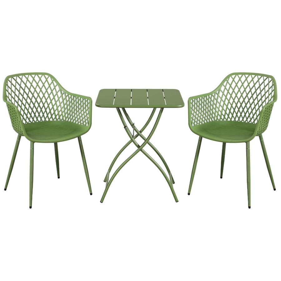 3 Piece Bistro Garden SET, Pair Of Lattice Armchairs & Square Metal Folding Table, Moss Green (Self Assembly) (DHD) Image 1