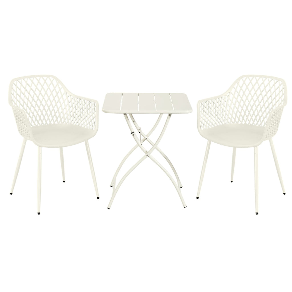 3 Piece Bistro Garden SET, Pair Of Lattice Armchairs & Square Metal Folding Table, White (Self Assembly) (DHD) Image 1