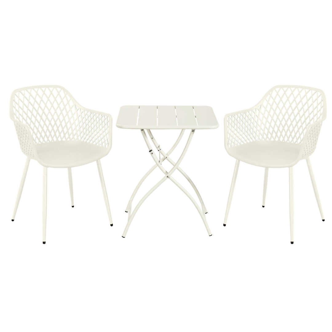 3 Piece Bistro Garden SET, Pair Of Lattice Armchairs & Square Metal Folding Table, White (Self Assembly) (DHD) Image 1
