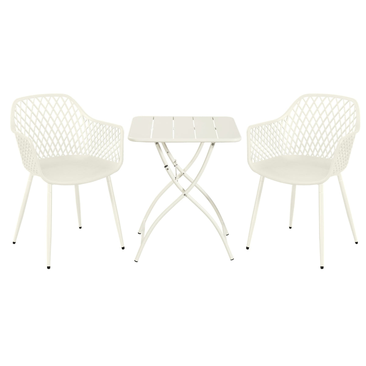 3 Piece Bistro Garden SET, Pair Of Lattice Armchairs & Square Metal Folding Table, White (Self Assembly) (DHD) Image 1