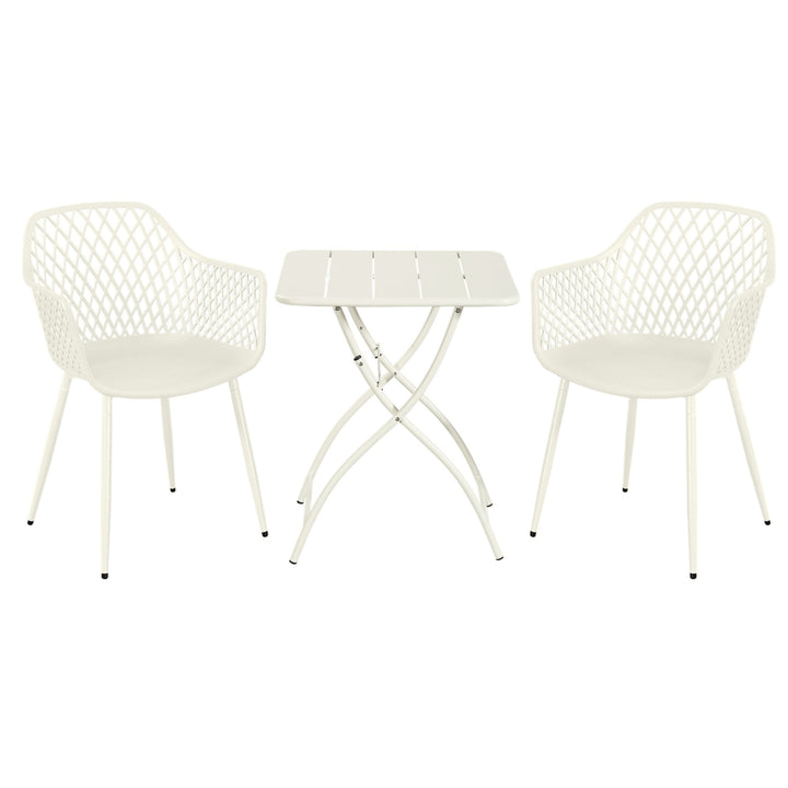 3 Piece Bistro Garden SET, Pair Of Lattice Armchairs & Square Metal Folding Table, White (Self Assembly) (DHD) Image 1