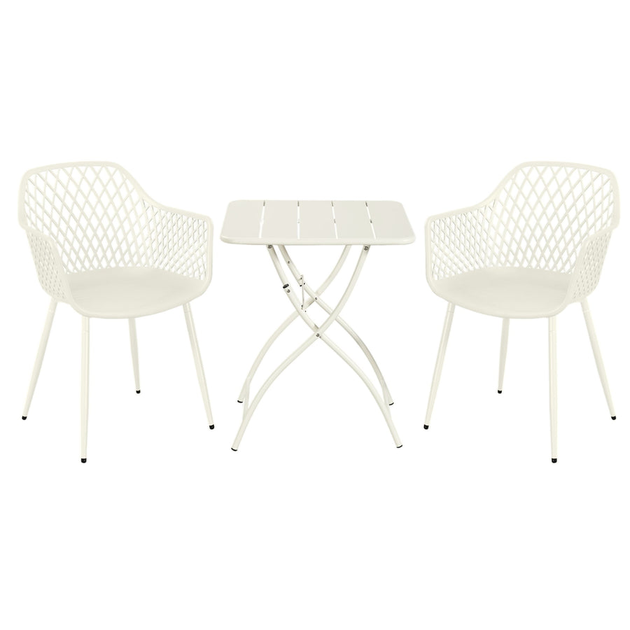 3 Piece Bistro Garden SET, Pair Of Lattice Armchairs & Square Metal Folding Table, White (Self Assembly) (DHD) Image 1