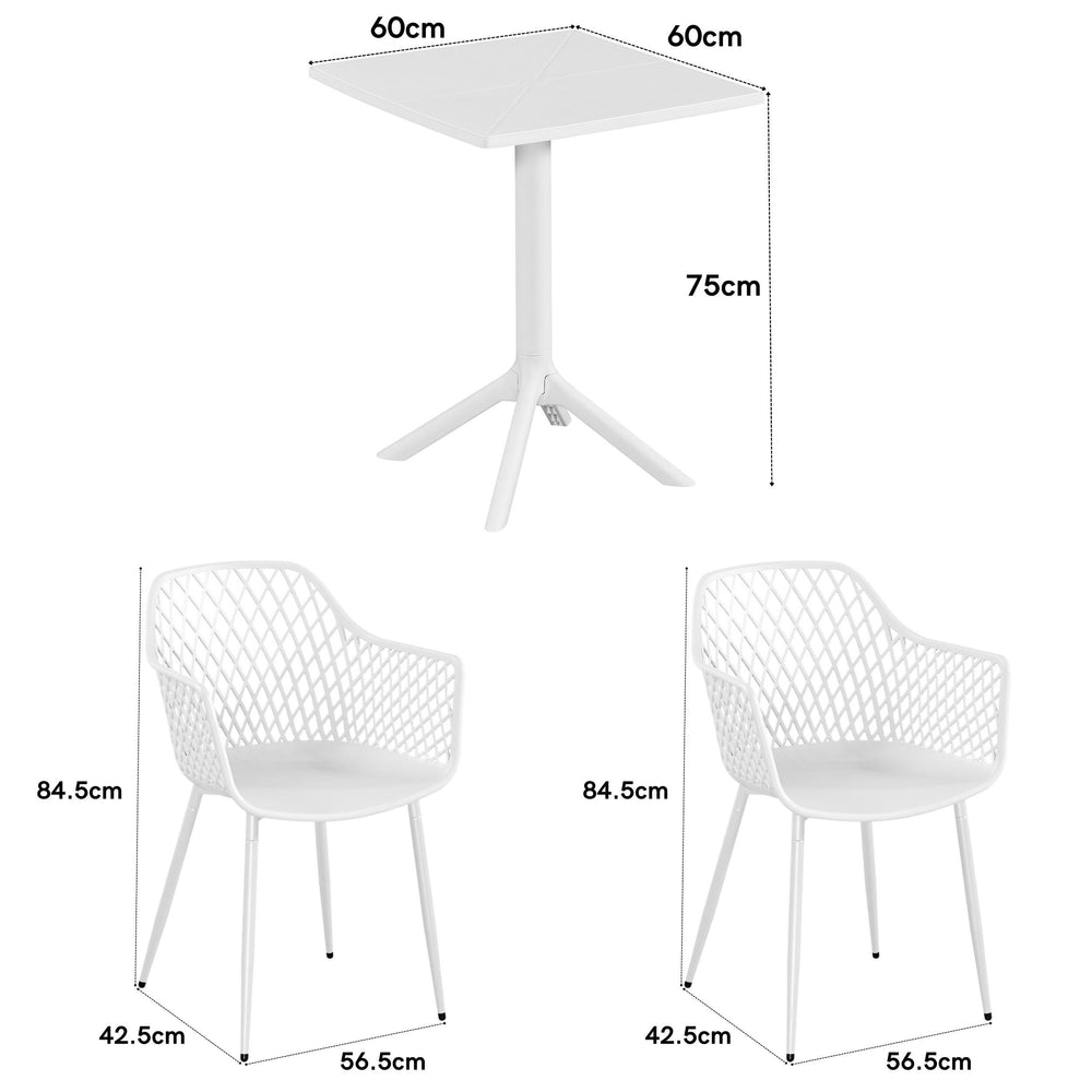 3 Piece Bistro Garden SET, Pair Of Lattice Armchairs & Square Plastic Table, White (Self Assembly) (DHD) Image 2