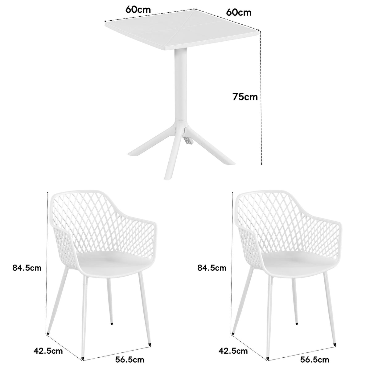 3 Piece Bistro Garden SET, Pair Of Lattice Armchairs & Square Plastic Table, White (Self Assembly) (DHD) Image 2