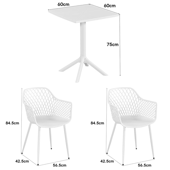 3 Piece Bistro Garden SET, Pair Of Lattice Armchairs & Square Plastic Table, White (Self Assembly) (DHD) Image 2